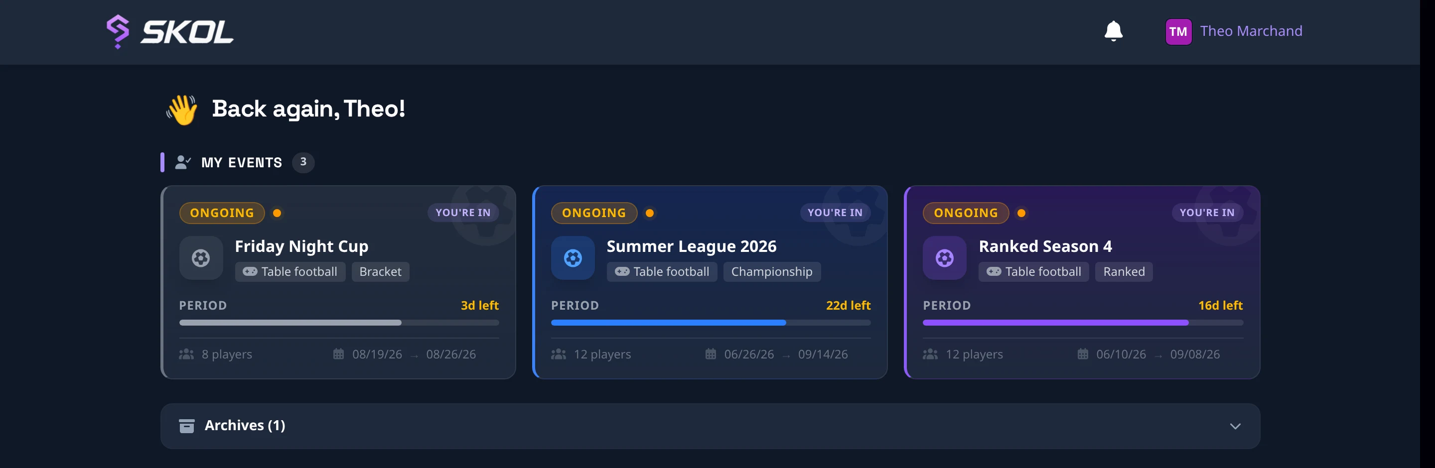 The Skol Arena home screen listing a player's ongoing competitions, desktop layout