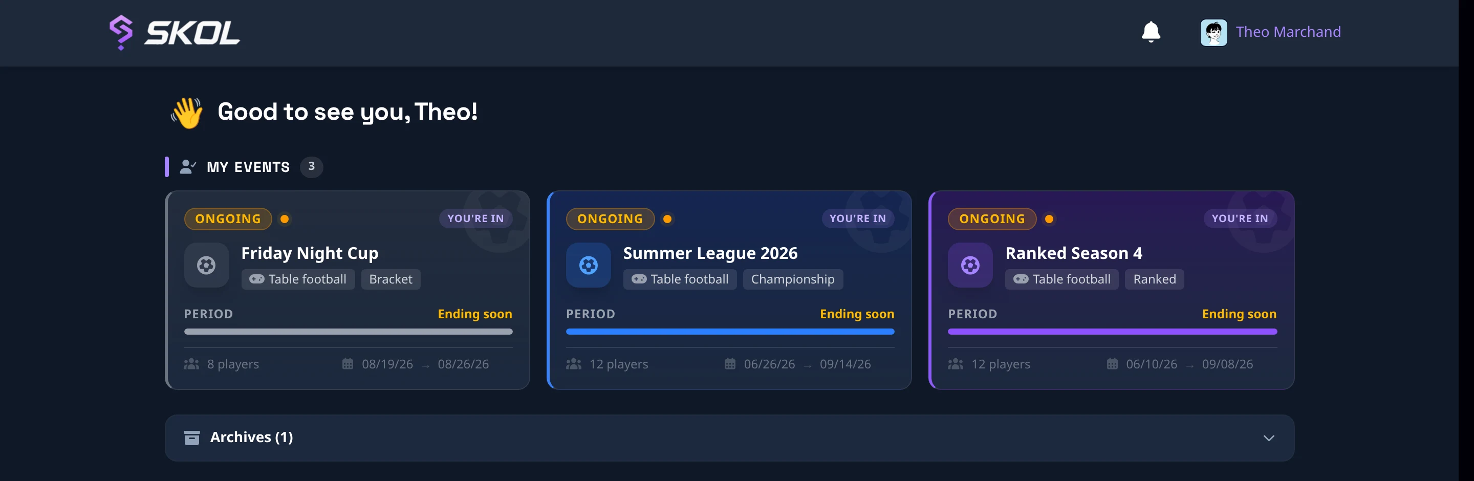 The Skol Arena home screen listing a player's ongoing competitions, desktop layout